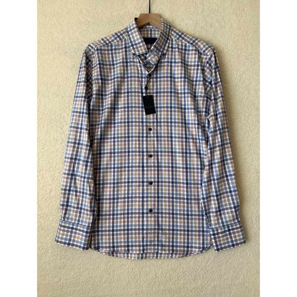 David Donahue Dress Shirt Mens Medium Blue Plaid Regular Fit Cotton Twill LS NEW